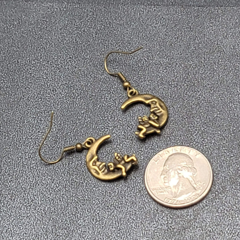 New Cherub Angel Moon Pierced Earrings Bronze tone Dangle 3/4"