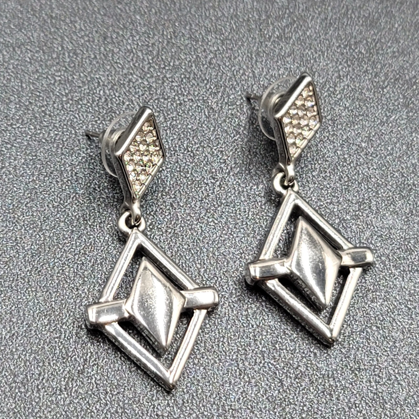 WHBM Pierced Earrings Silver tone Crystal Rhinestone Dangle 1.75"