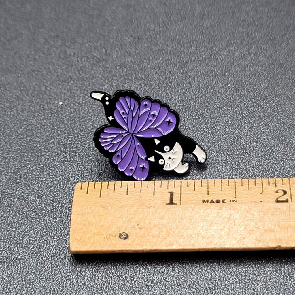 Black Cat Purple Butterfly Wings Enamel Lapel Hat Pin Sushi Roll 1 1/8"