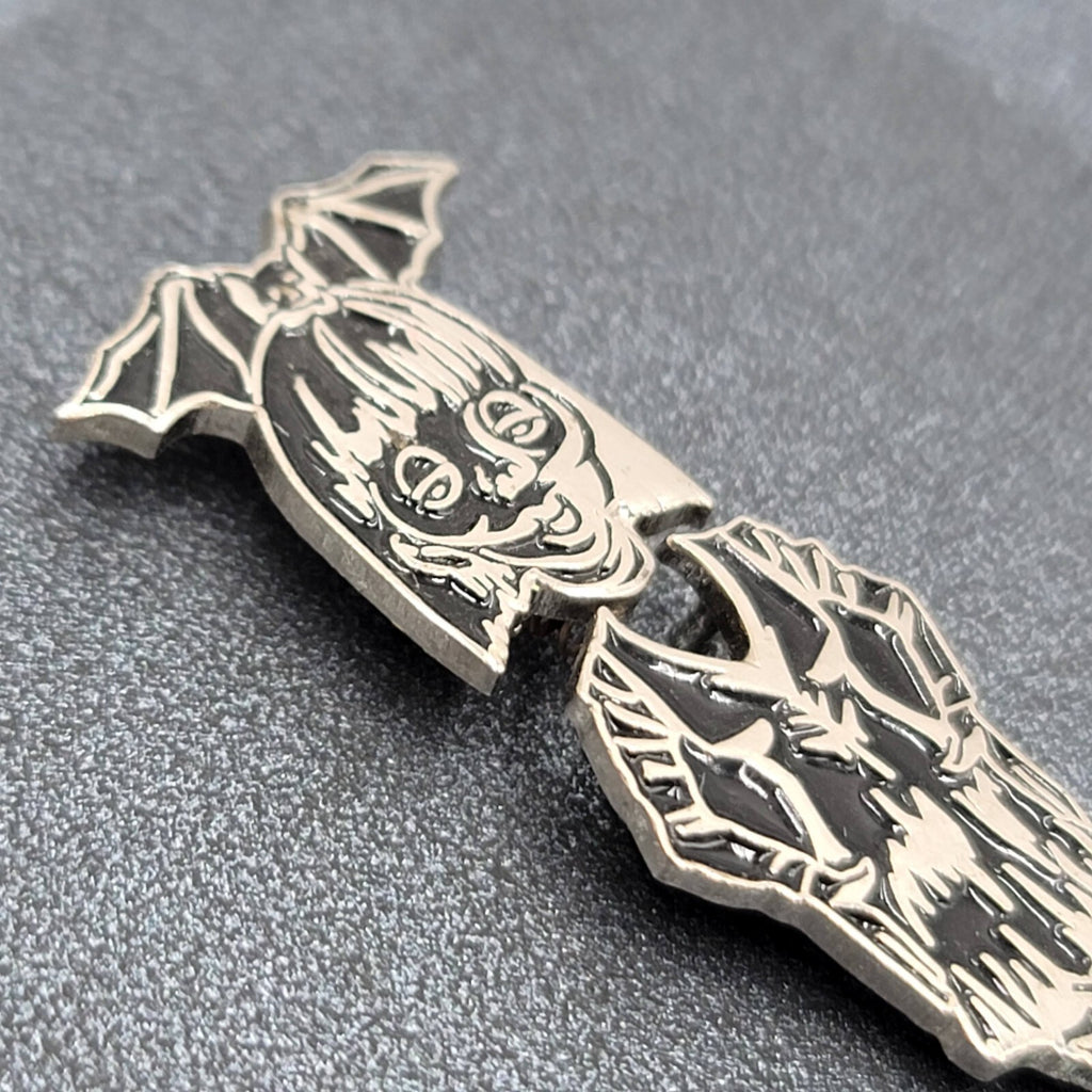 Bobble Head Bat Girl Lapel Pin Black Silver Oddity Goth Punk Rock