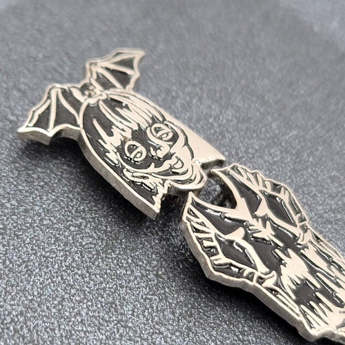 Bobble Head Bat Girl Lapel Pin Black Silver Oddity Goth Punk Rock
