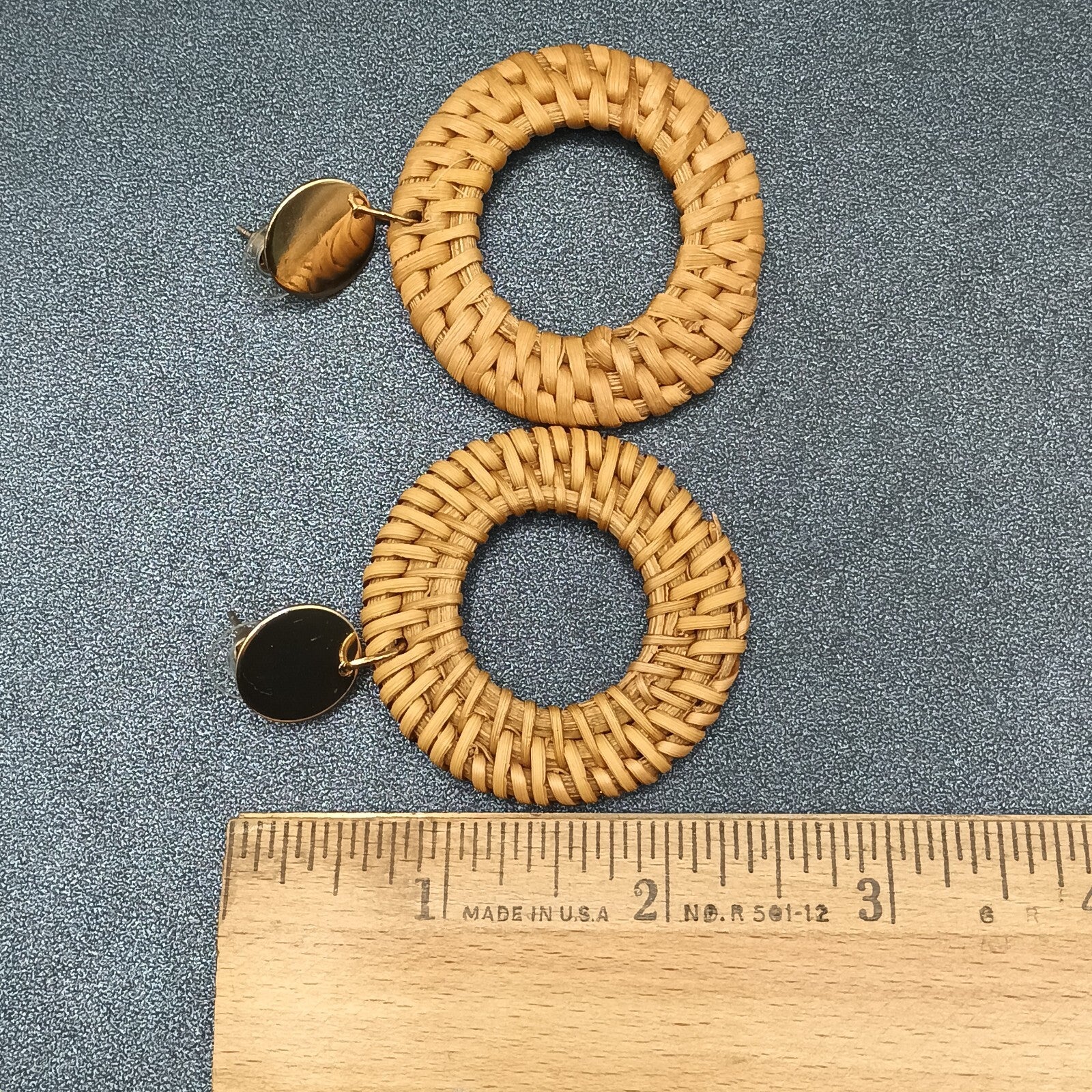 Boho Pierced Earrings Gold tone Rattan Ring Statement Dangle 2 1/2"