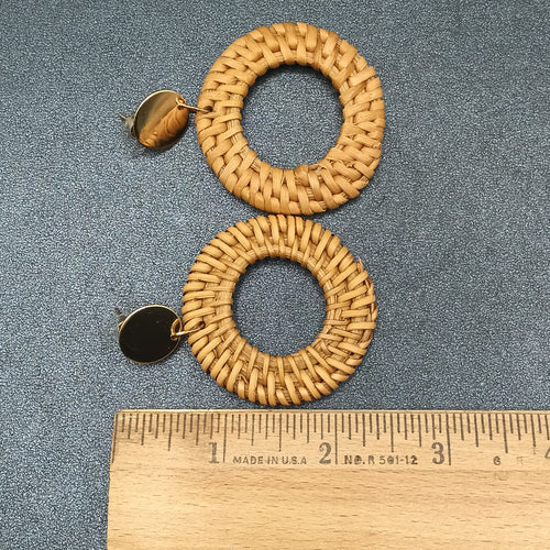 Boho Pierced Earrings Gold tone Rattan Ring Statement Dangle 2 1/2"