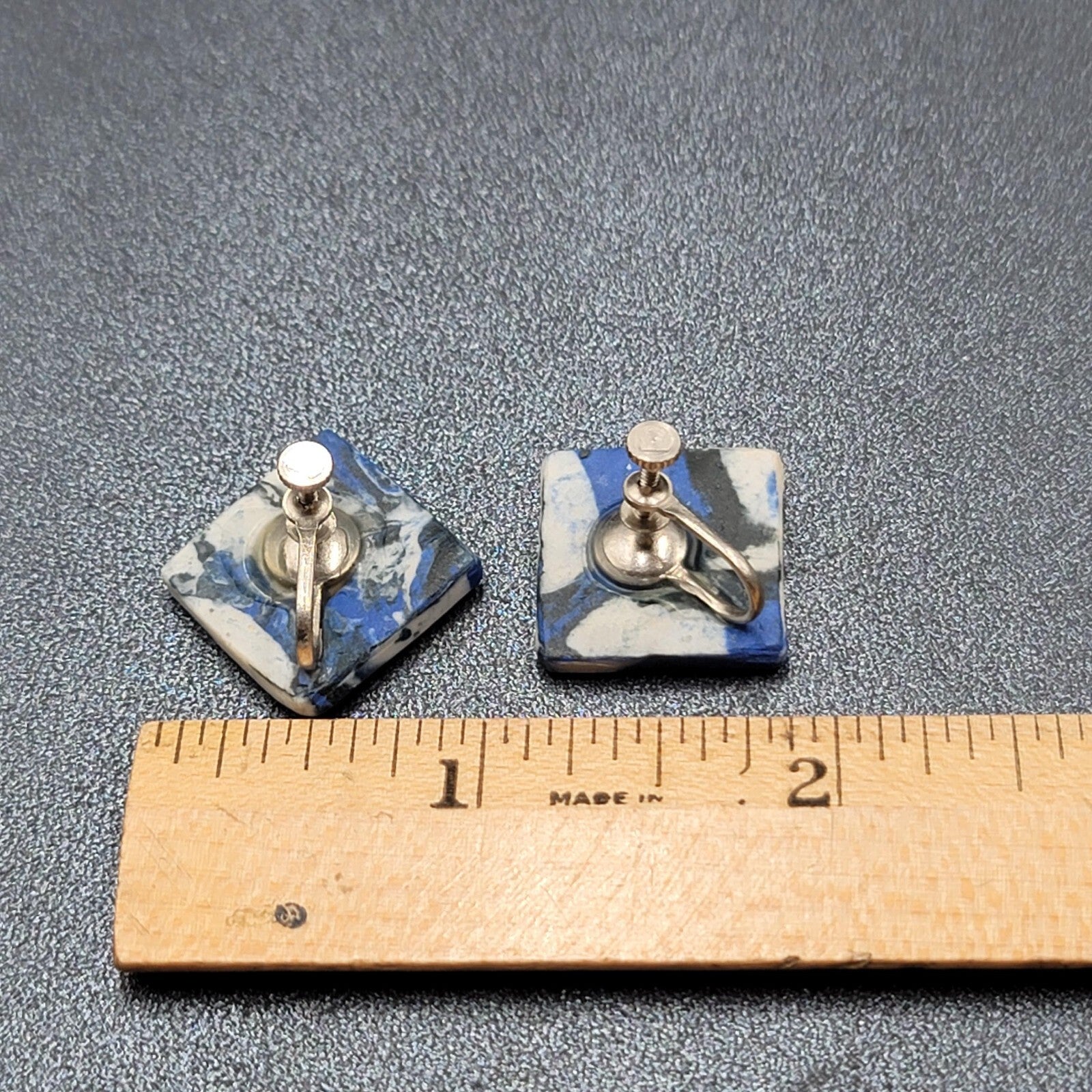 Vintage Clip on Earrings Blue Black White Polymer Clay Squares Screw Back 3/4"
