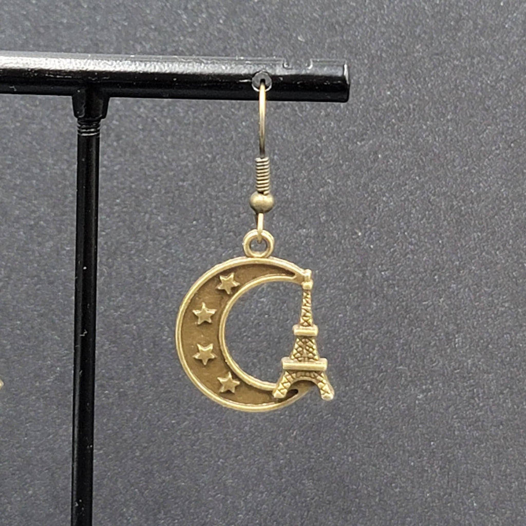 Crescent Moon Eiffel Tower Pierced Earrings Dangle Bronze tone New 7/8"