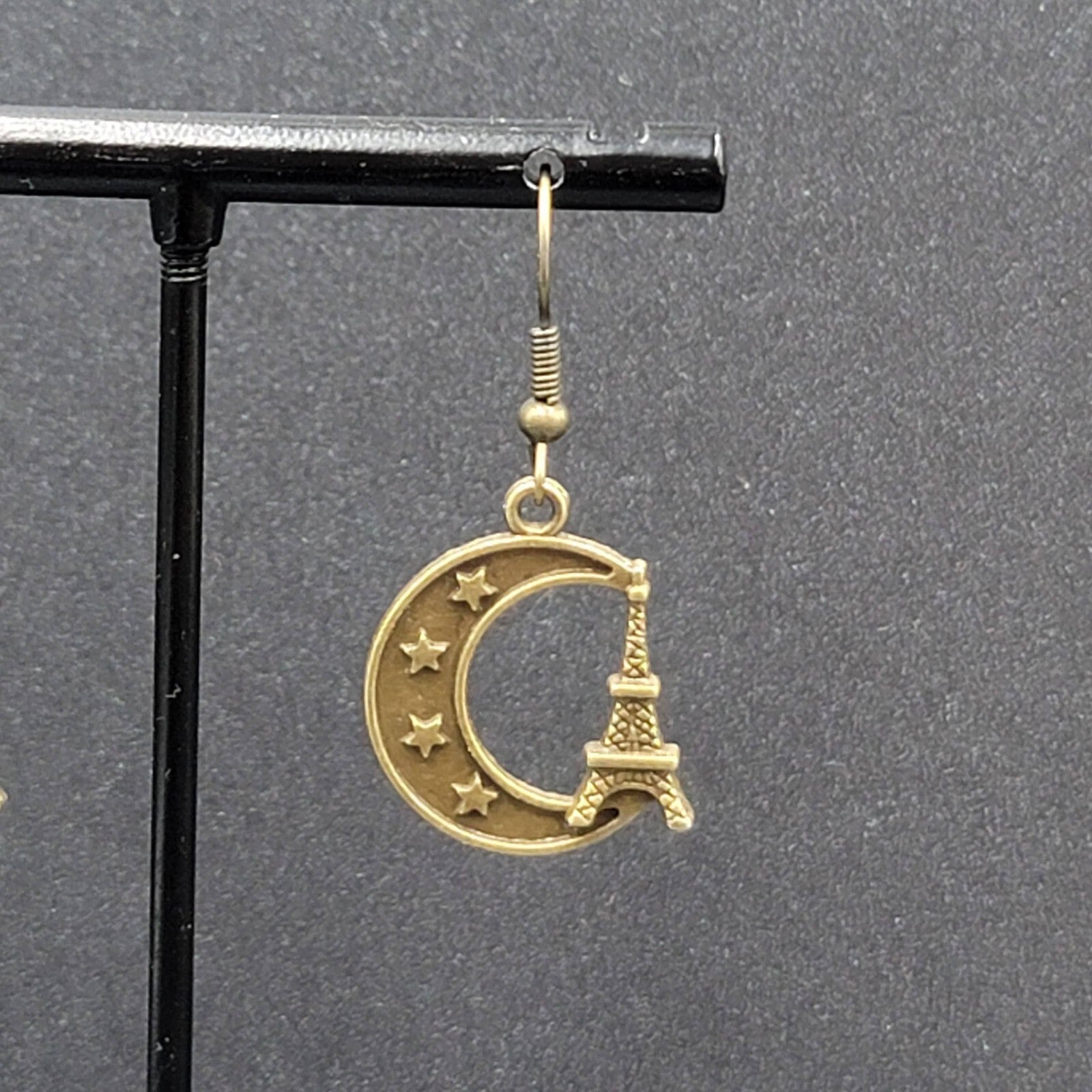 Crescent Moon Eiffel Tower Pierced Earrings Dangle Bronze tone New 7/8"