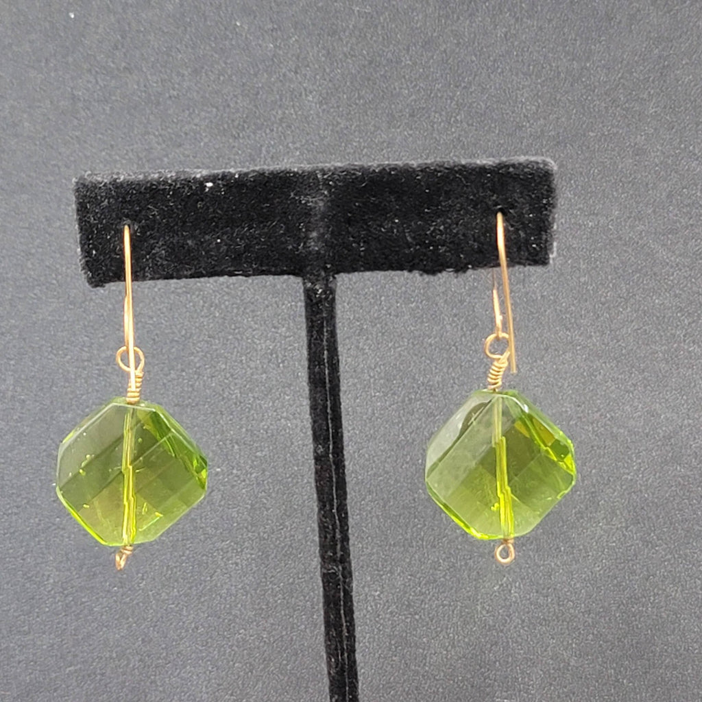 Pierced Earrings Copper tone Green Art Glass Faceted Bead 1.25"