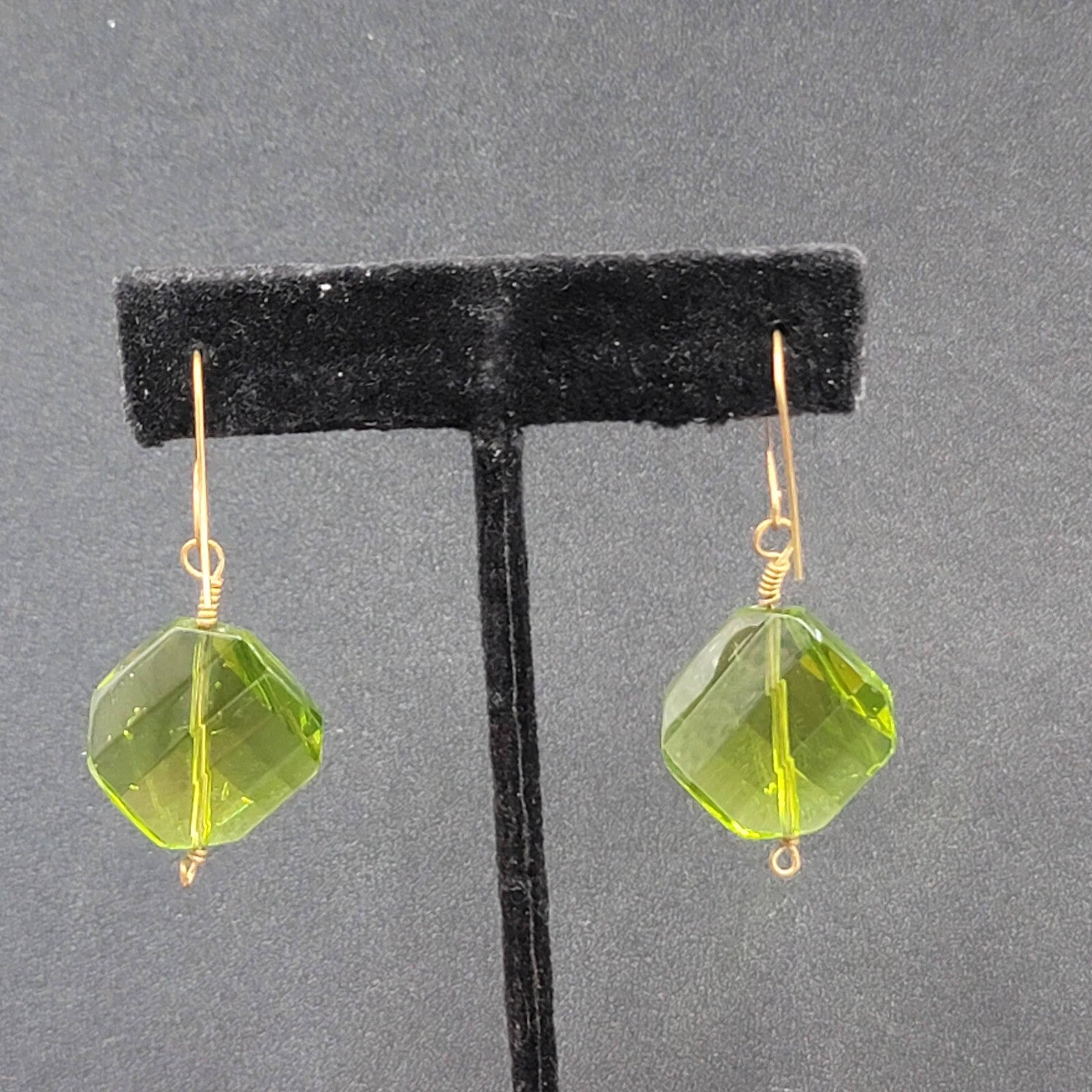 Pierced Earrings Copper tone Green Art Glass Faceted Bead 1.25"