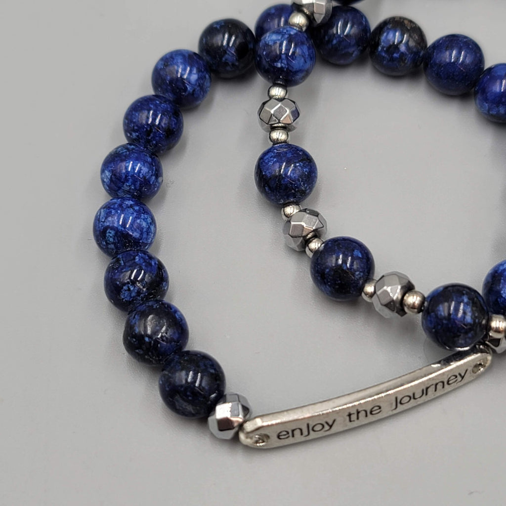 ENJOY The Journey Quote Bracelet Blue Beads Silver tone Lot of 2 Elastic