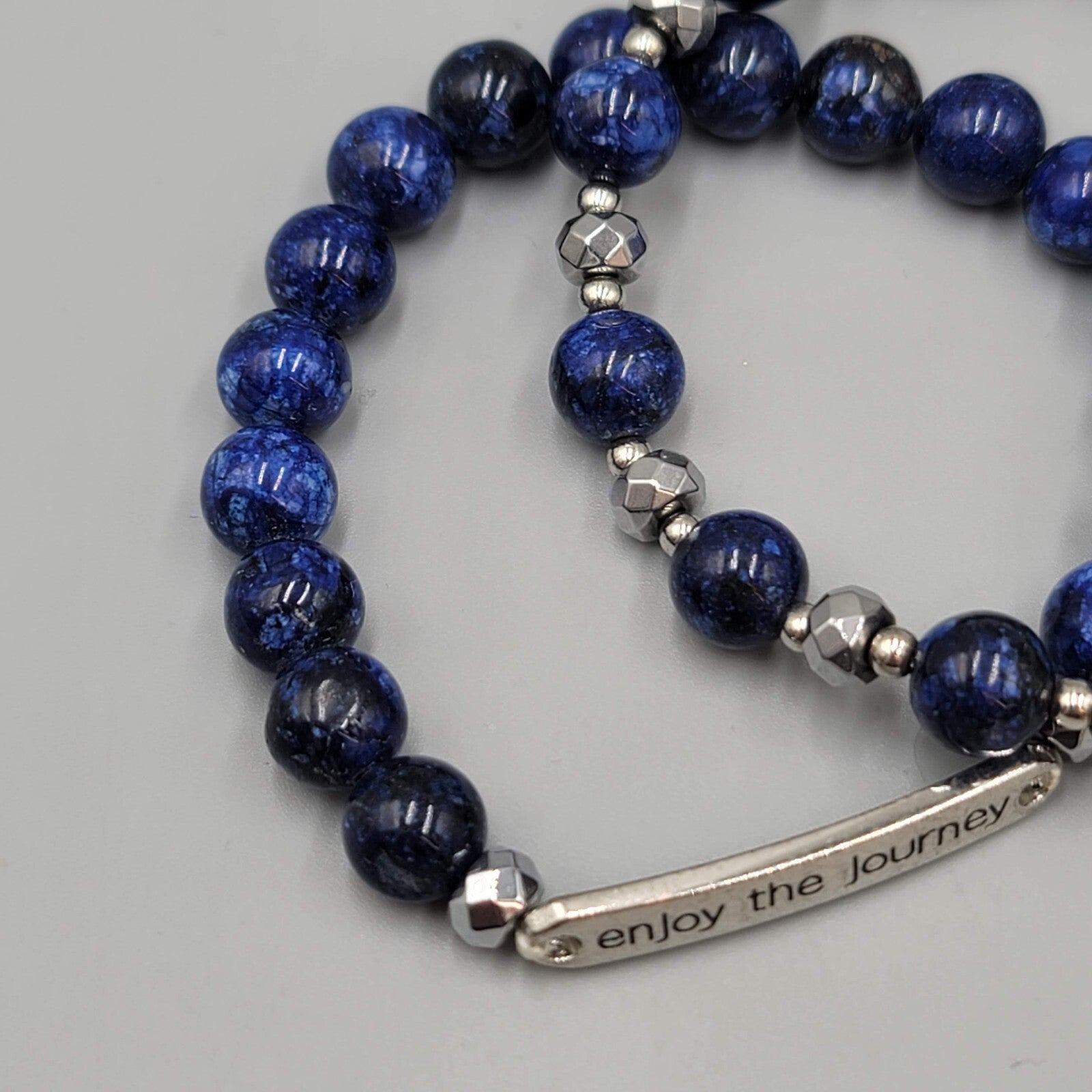 ENJOY The Journey Quote Bracelet Blue Beads Silver tone Lot of 2 Elastic
