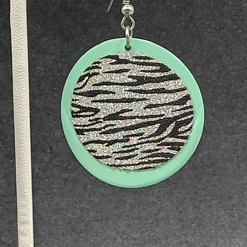Pierced Earrings Seafoam Sparkle Zebra Print Enamel Round Dangle 1 1/2"