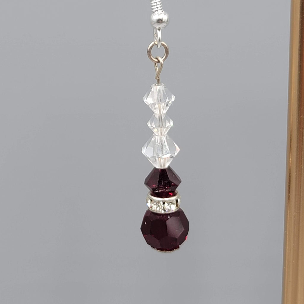 Red Clear Crystal Bead Pierced Earrings Silver tone Dangle 1.25"