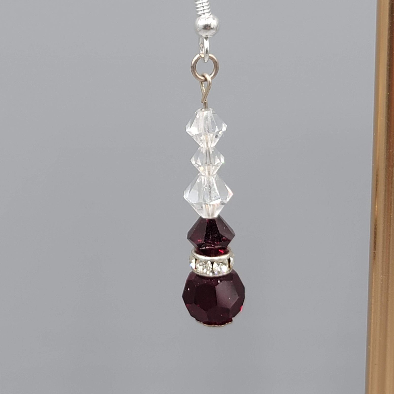 Red Clear Crystal Bead Pierced Earrings Silver tone Dangle 1.25"