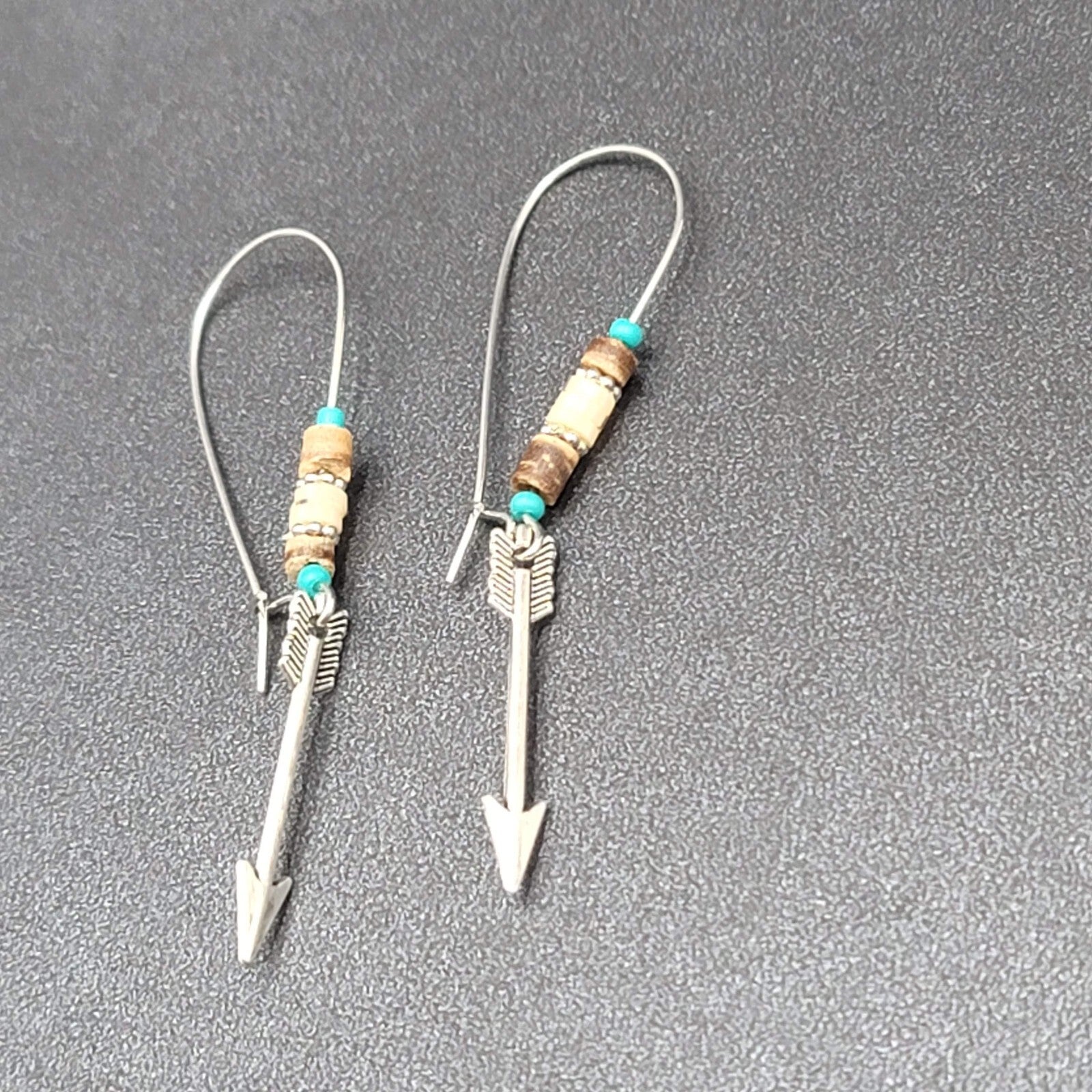 Pierced Earrings Silver tone Beaded Feather Dangle 2.5"
