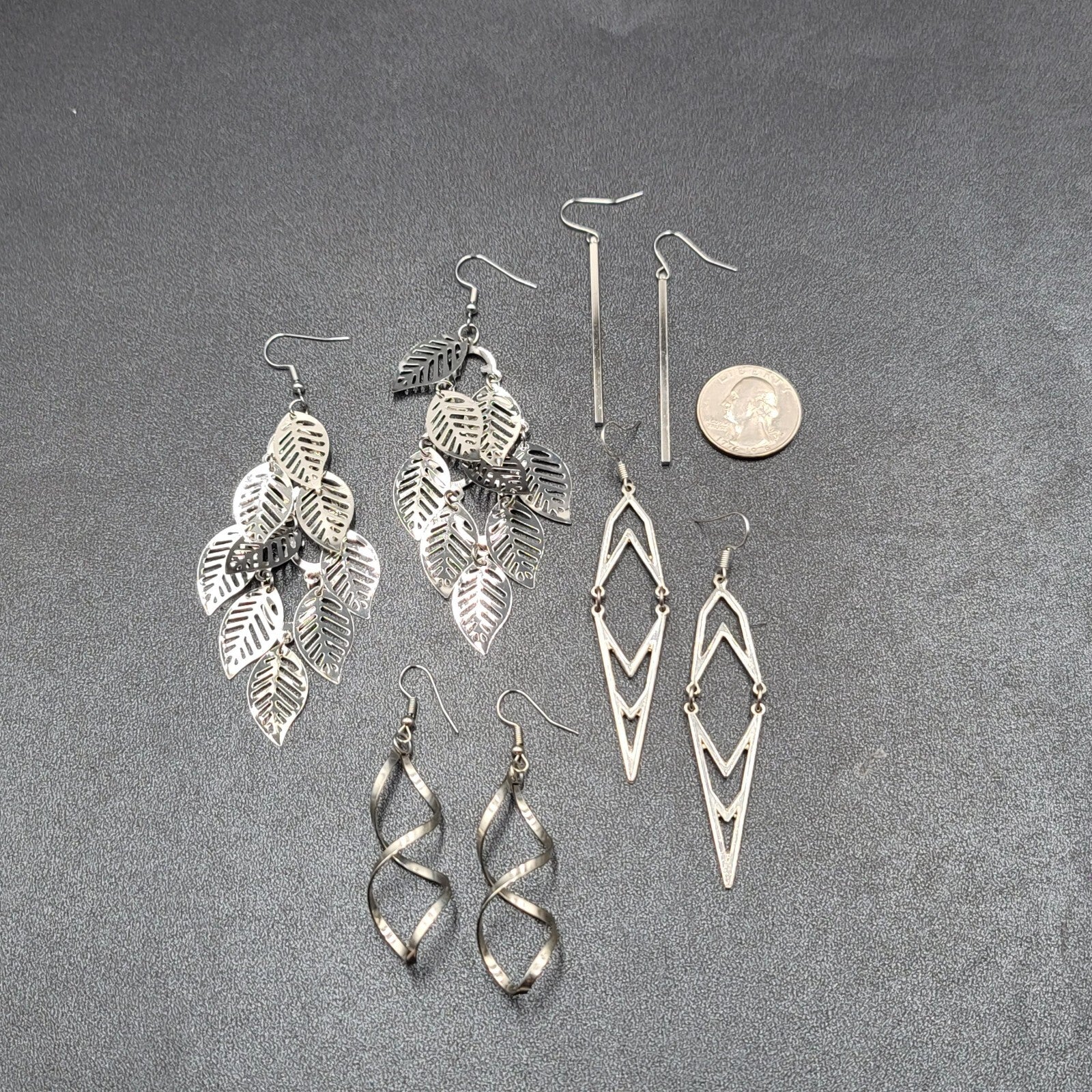 Lot of 4 Pierced Earrings Silver tone Dangle Statement