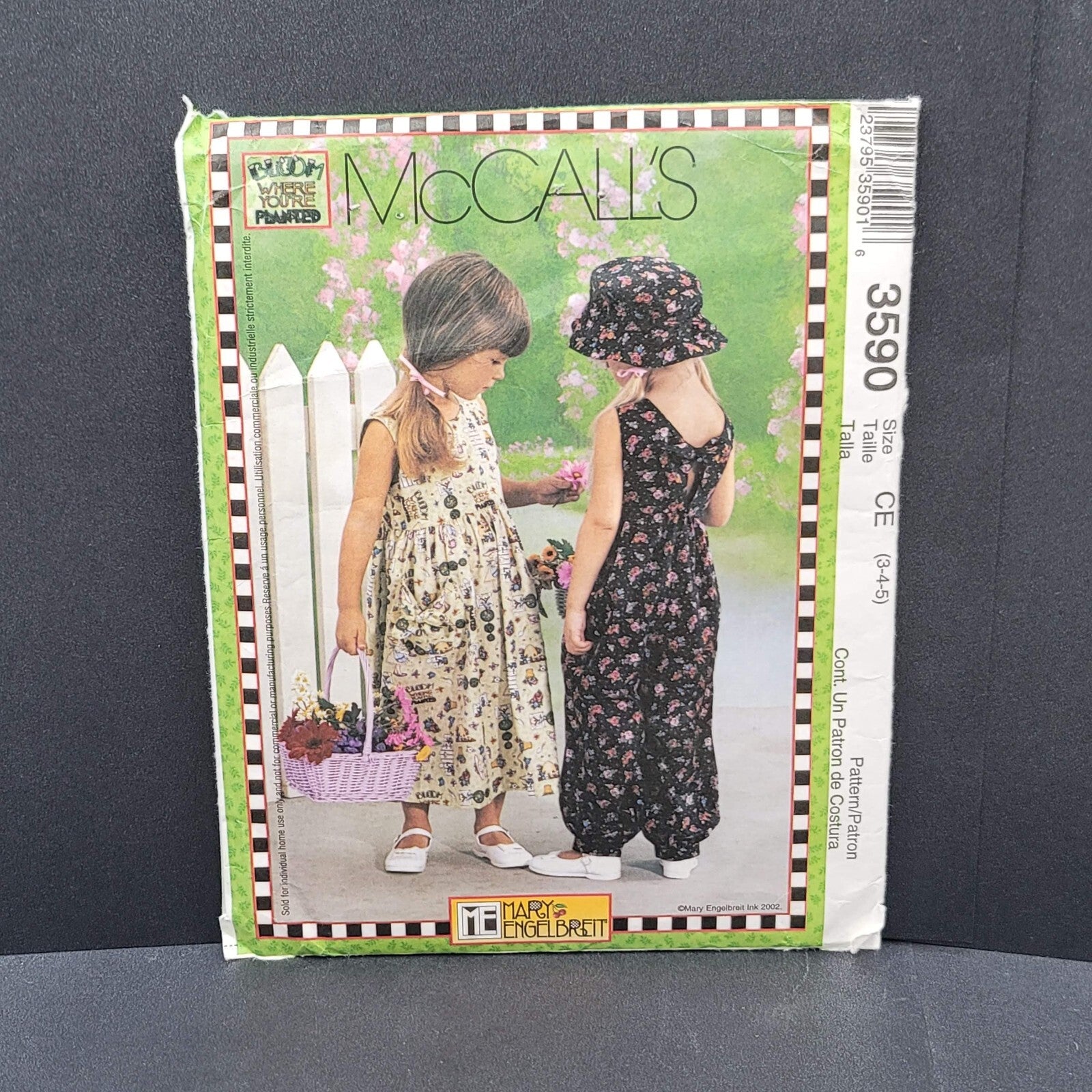 McCalls Pattern 3590 Mary Engelbreit Childs Dress Romper Hat Sz 3 4 5 UNCUT