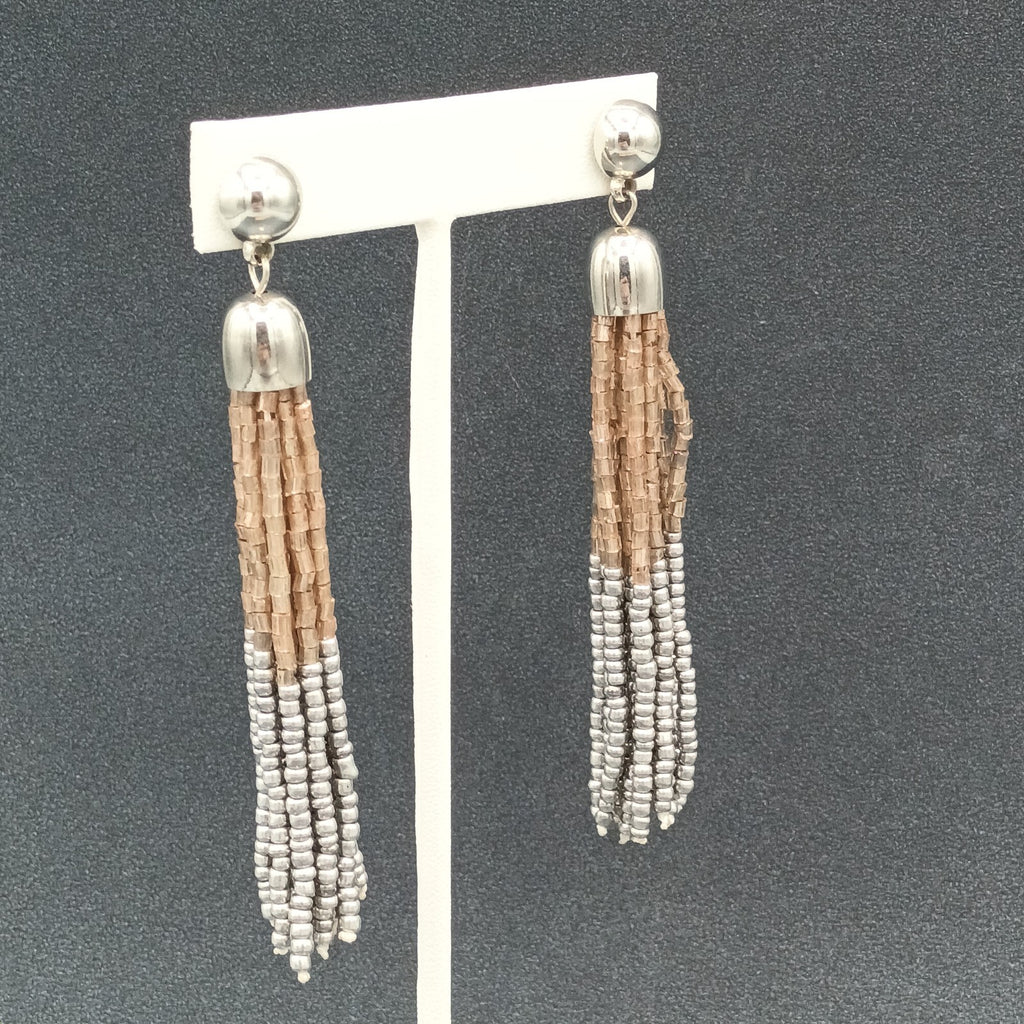 Pierced Earrings Gold and Silver tone Seed Bead Multi Strand Dangle 3.75"