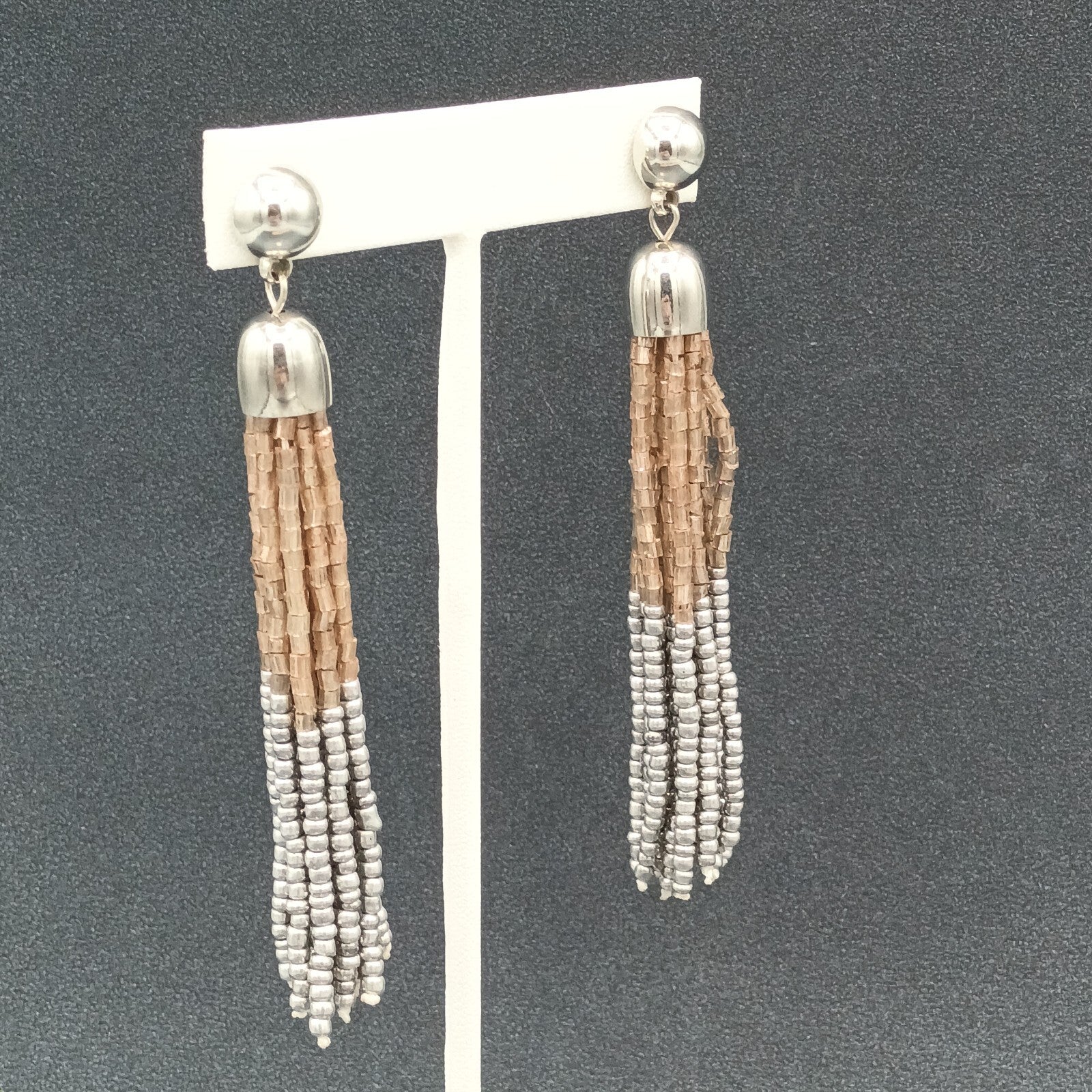 Pierced Earrings Gold and Silver tone Seed Bead Multi Strand Dangle 3.75"
