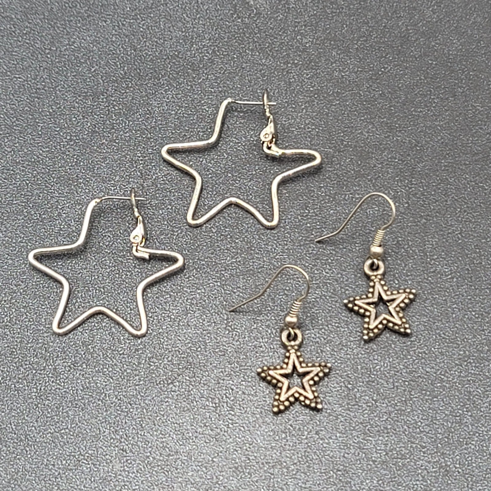 Lot of 2 Pierced Earrings Silver tone STARS Dangle Hoops