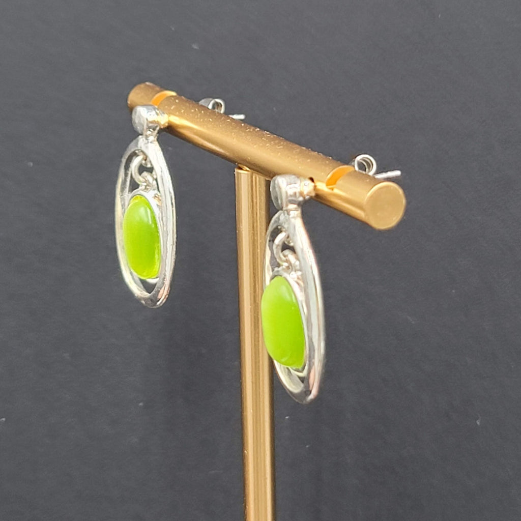 Lime Green Cats Eye Pierced Earrings Silver tone Dangle 1"