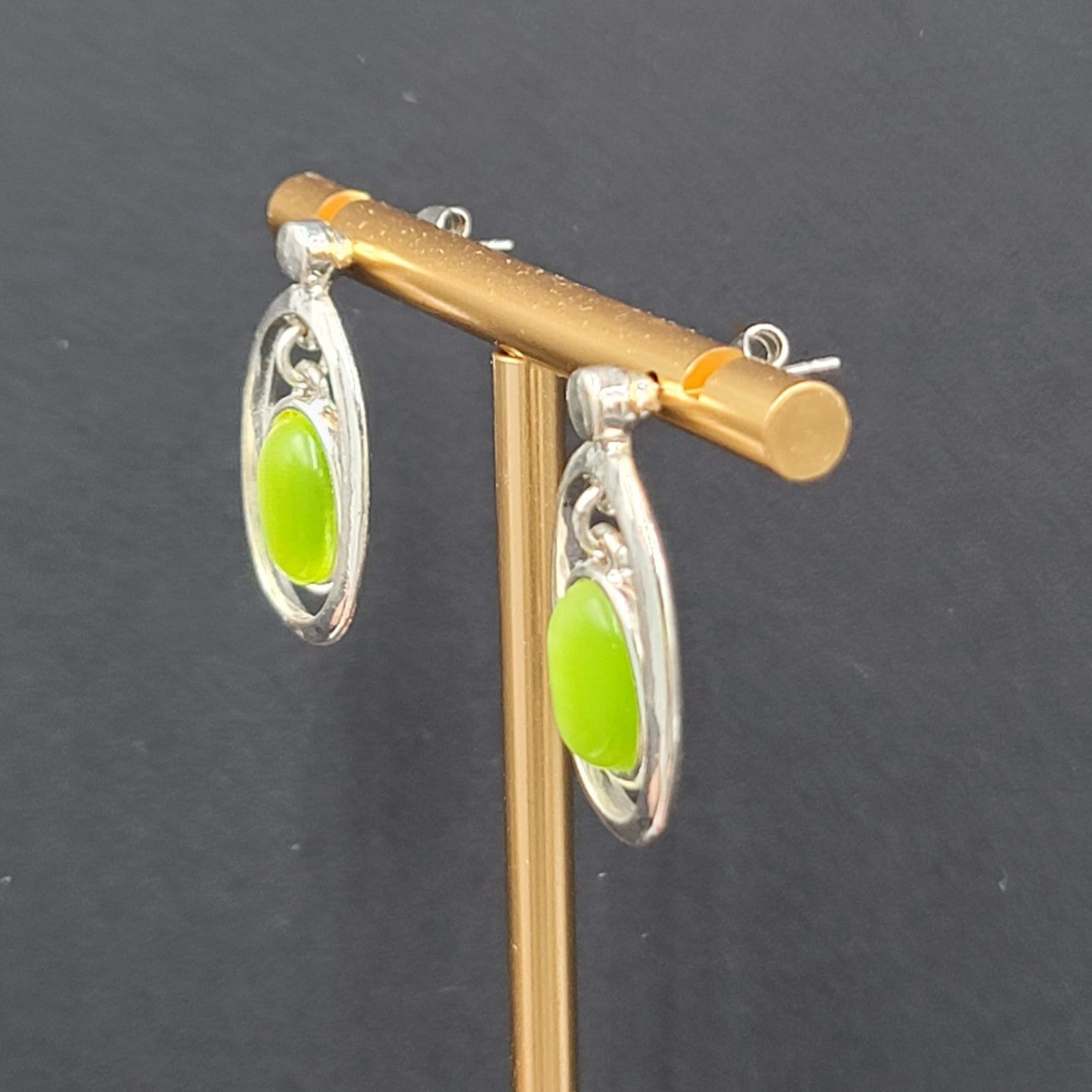 Lime Green Cats Eye Pierced Earrings Silver tone Dangle 1"