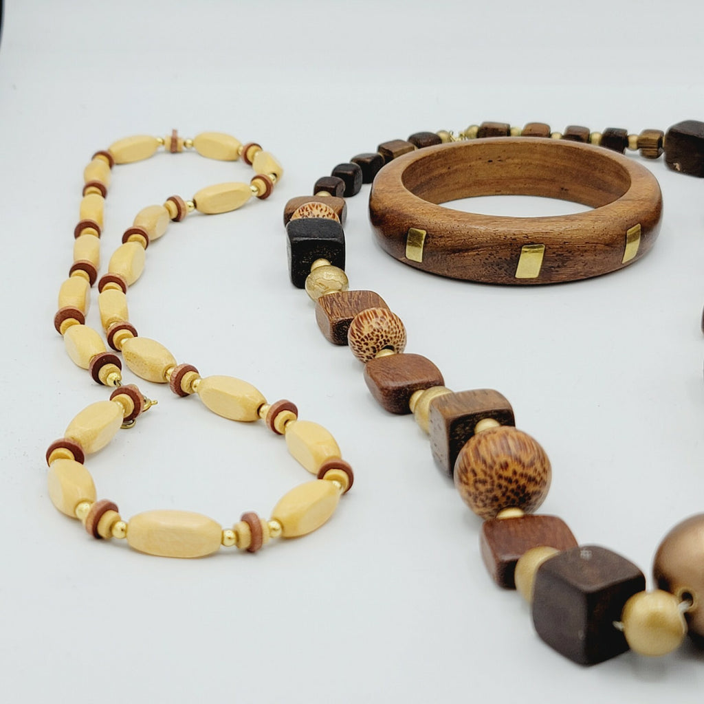 Vintage Wood Jewelry Lot 3 Necklaces and 1 Bangle Brass Inlay Bracelet