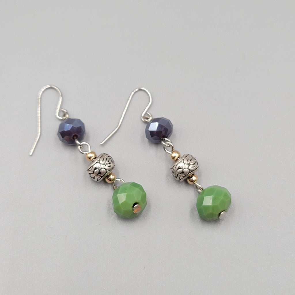 Pierced Earrings Silver tone Purple Green Glass Beads Dangle 1.5"