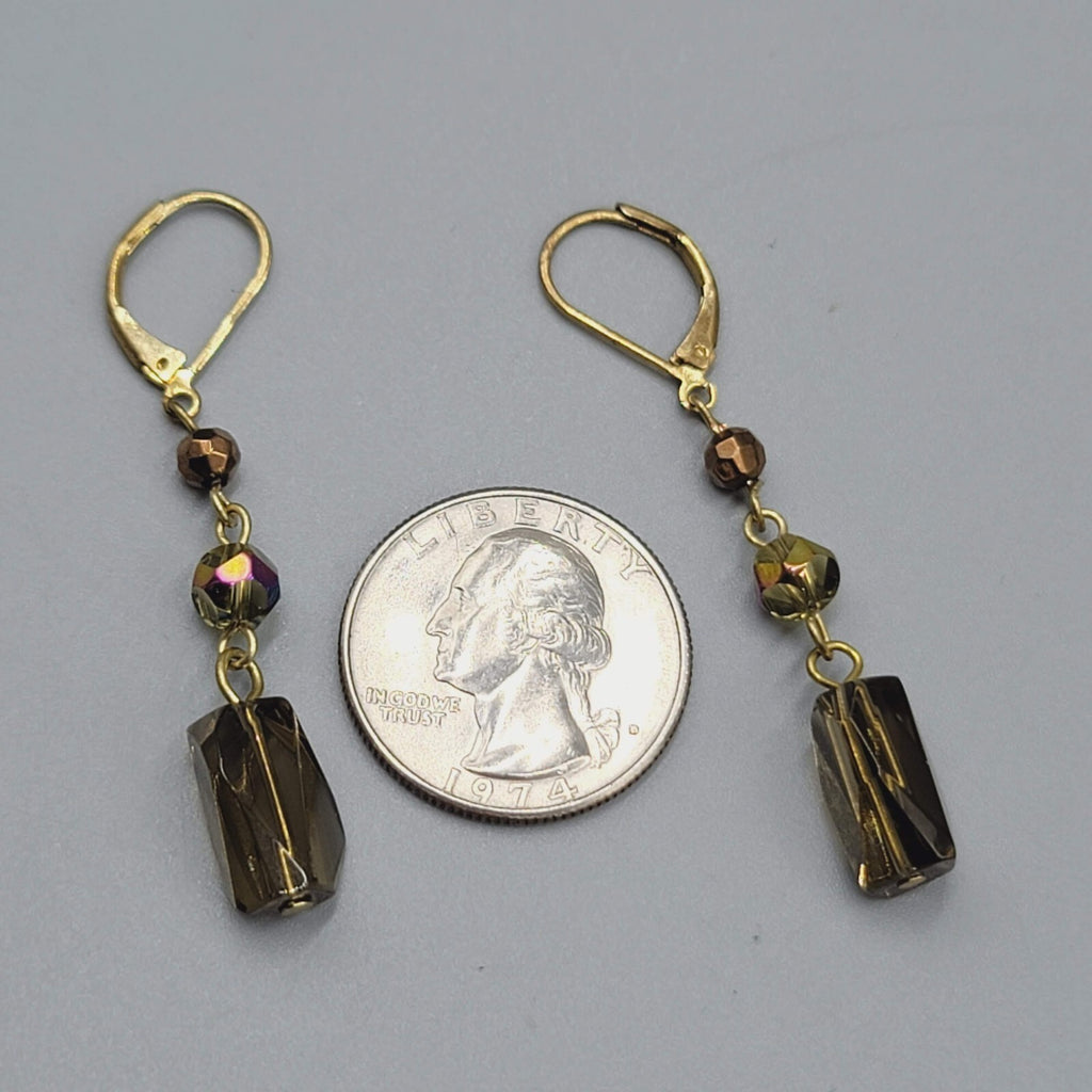 Glass AB Bead Pierced Earrings Gold tone Aurora Borealis Dangle 1.5"