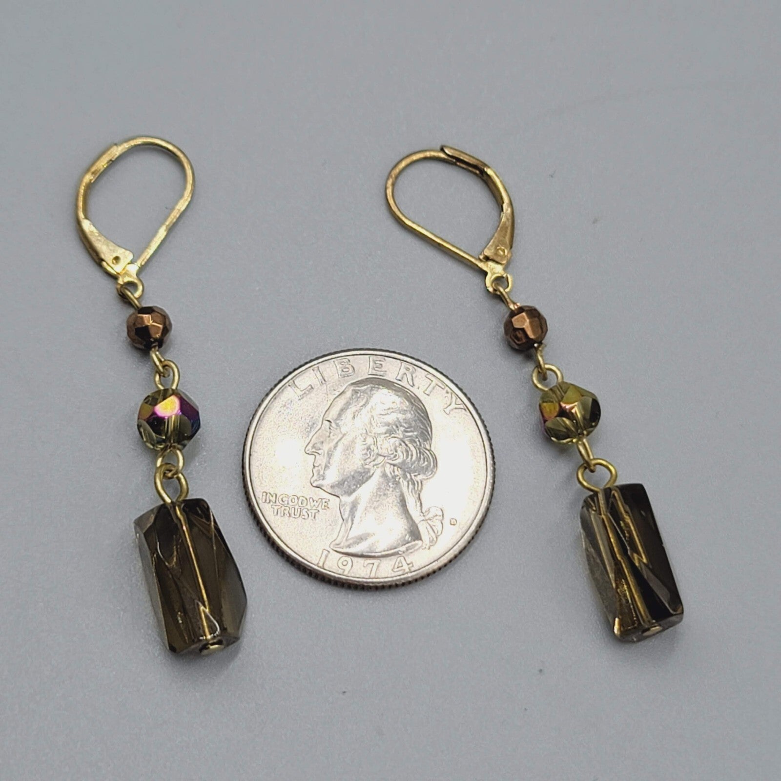Glass AB Bead Pierced Earrings Gold tone Aurora Borealis Dangle 1.5"