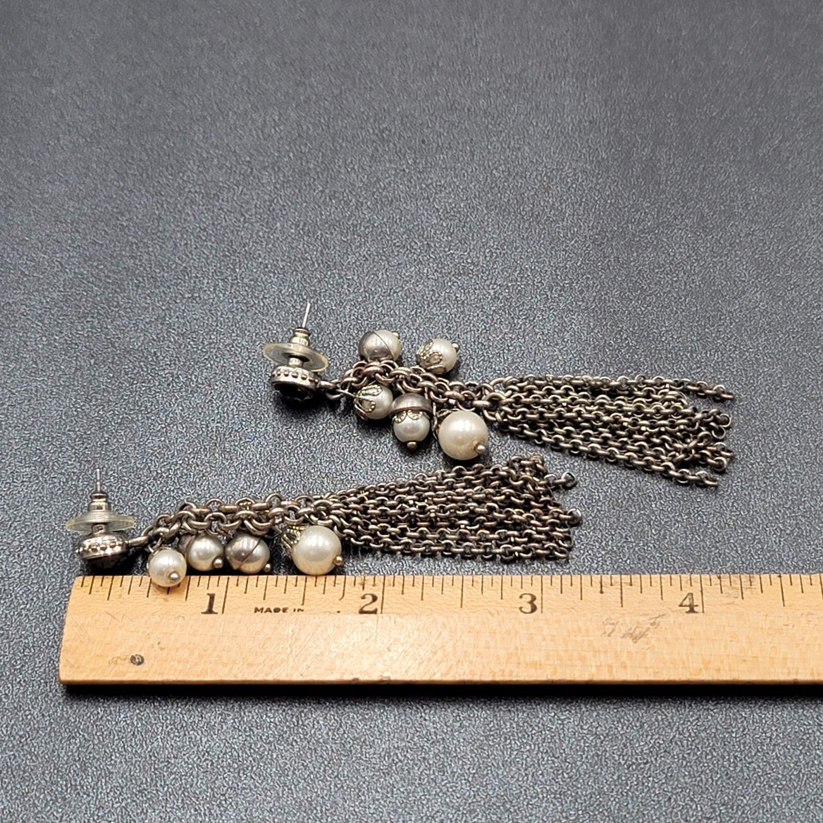 Pierced Earrings Long Multi Chain Faux Pearl Silver tone Dangle 3.25"