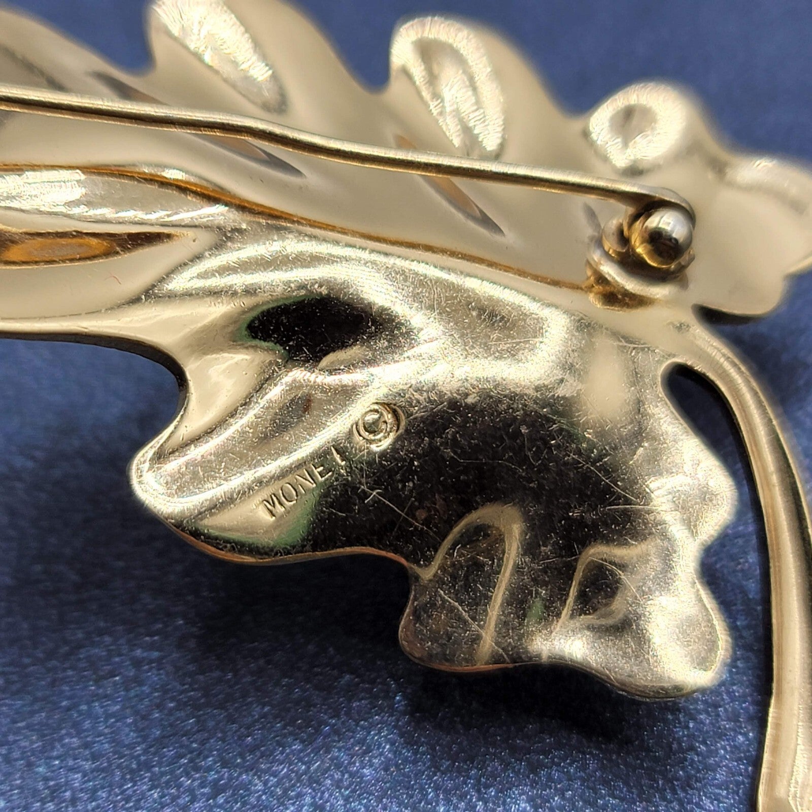 Vintage Monet Brooch Gold Plated Leaf Pin Estate 2 3/8" long Signed