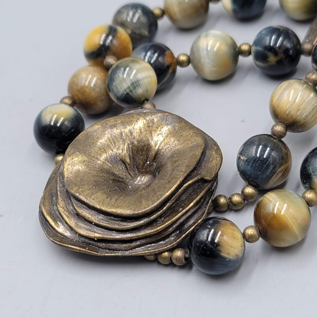 Agate Stone Bead Double Strand Bracelet Bronze tone Signed Elastic