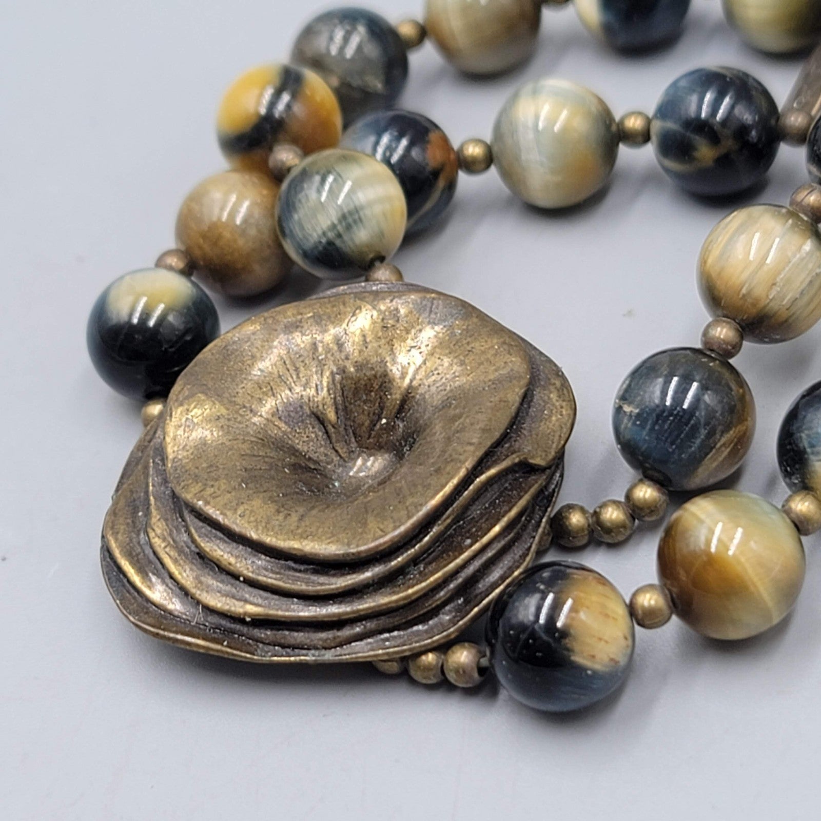 Agate Stone Bead Double Strand Bracelet Bronze tone Signed Elastic