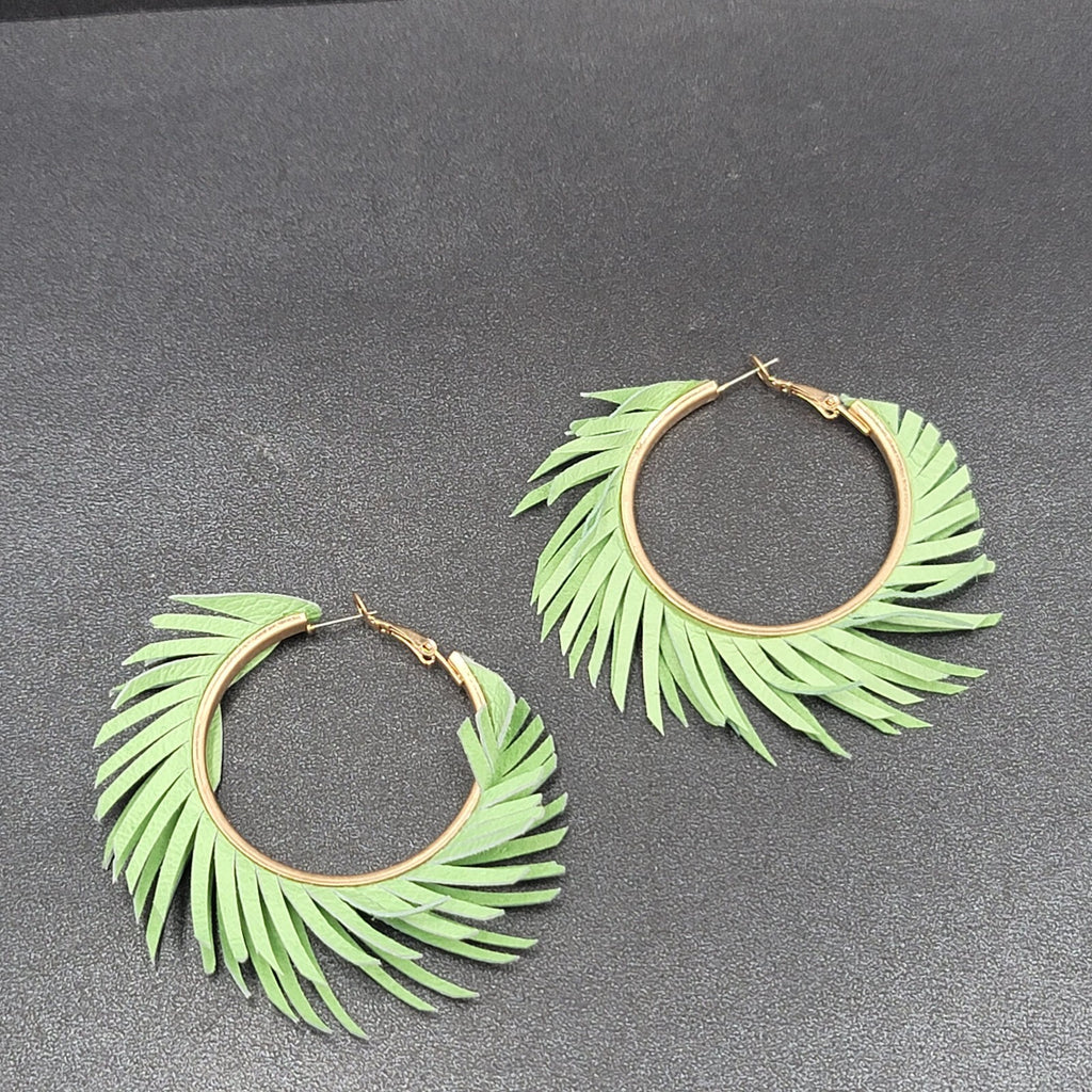 Pierced Earrings Green Fringe Gold tone Hoops Dangle