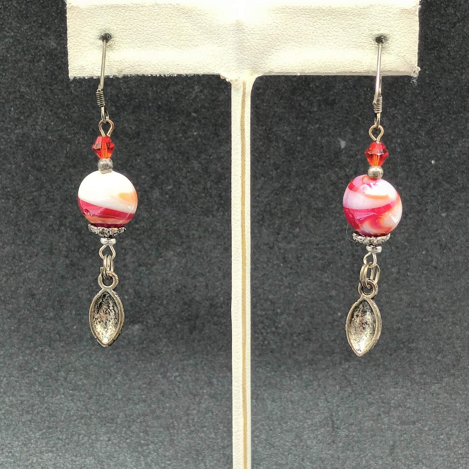 Pierced Earrings Red White Swirl Art Glass Silver tone Football Dangle Charm
