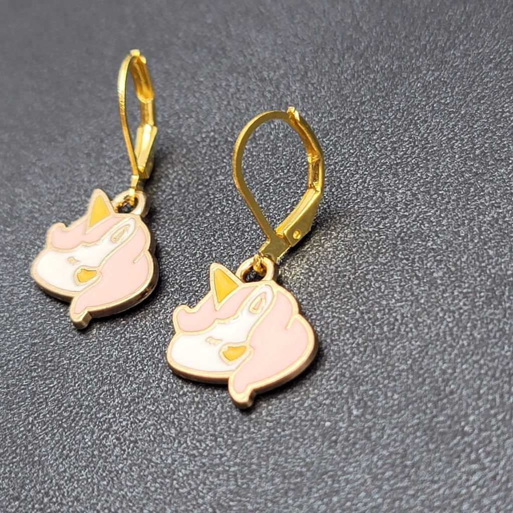 New Unicorn Pierced Earrings Gold tone Pink Enamel Dangle 5/8"