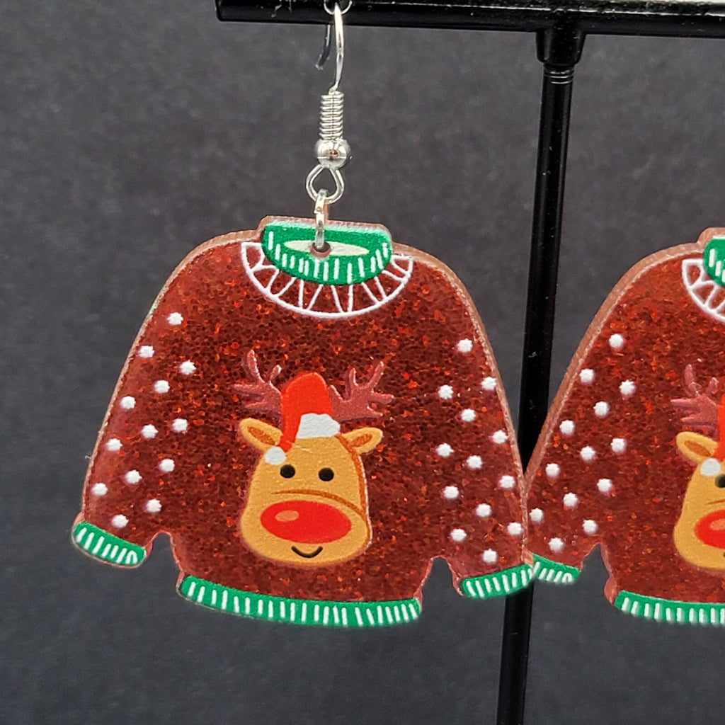 New Pierced Earrings Ugly Christmas Sweater Reindeer Dangle 1.5"