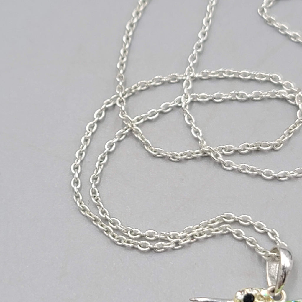Hummingbird Necklace Silver tone Multicolor Rhinestone Bird 18"