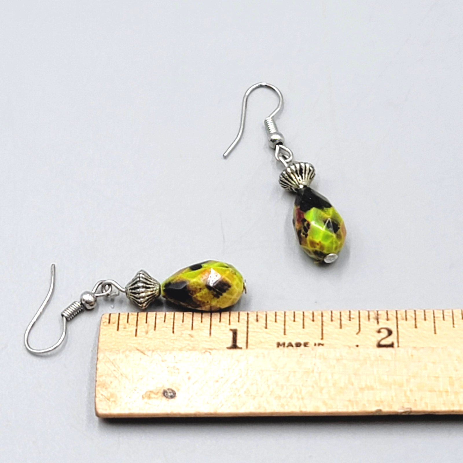 Green Orange Stone Pierced Earrings Faceted Teardrop Bead Silver tone Dangle 1"