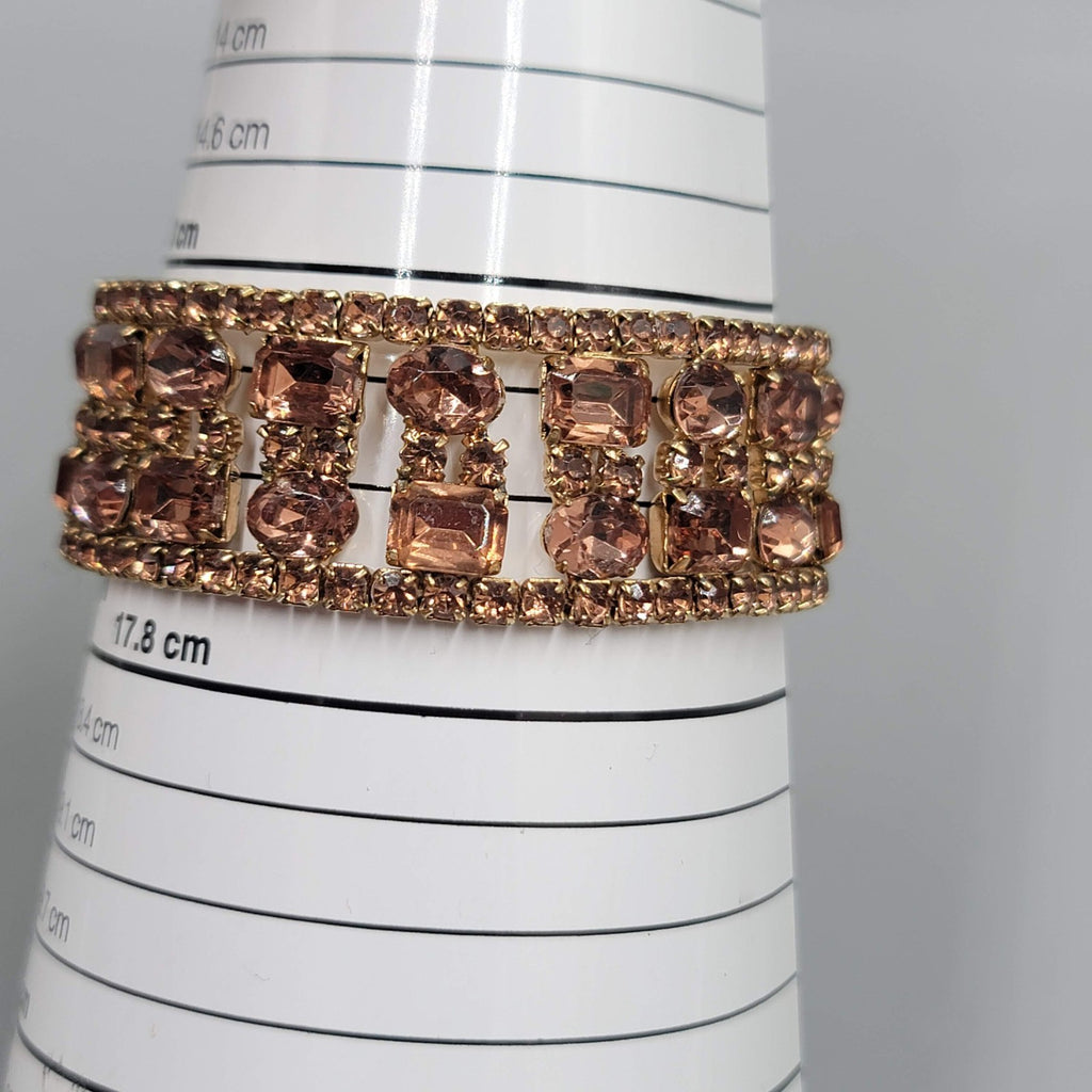 Brown Rhinestone Elastic Bracelet Gold tone Retro Look 7 in