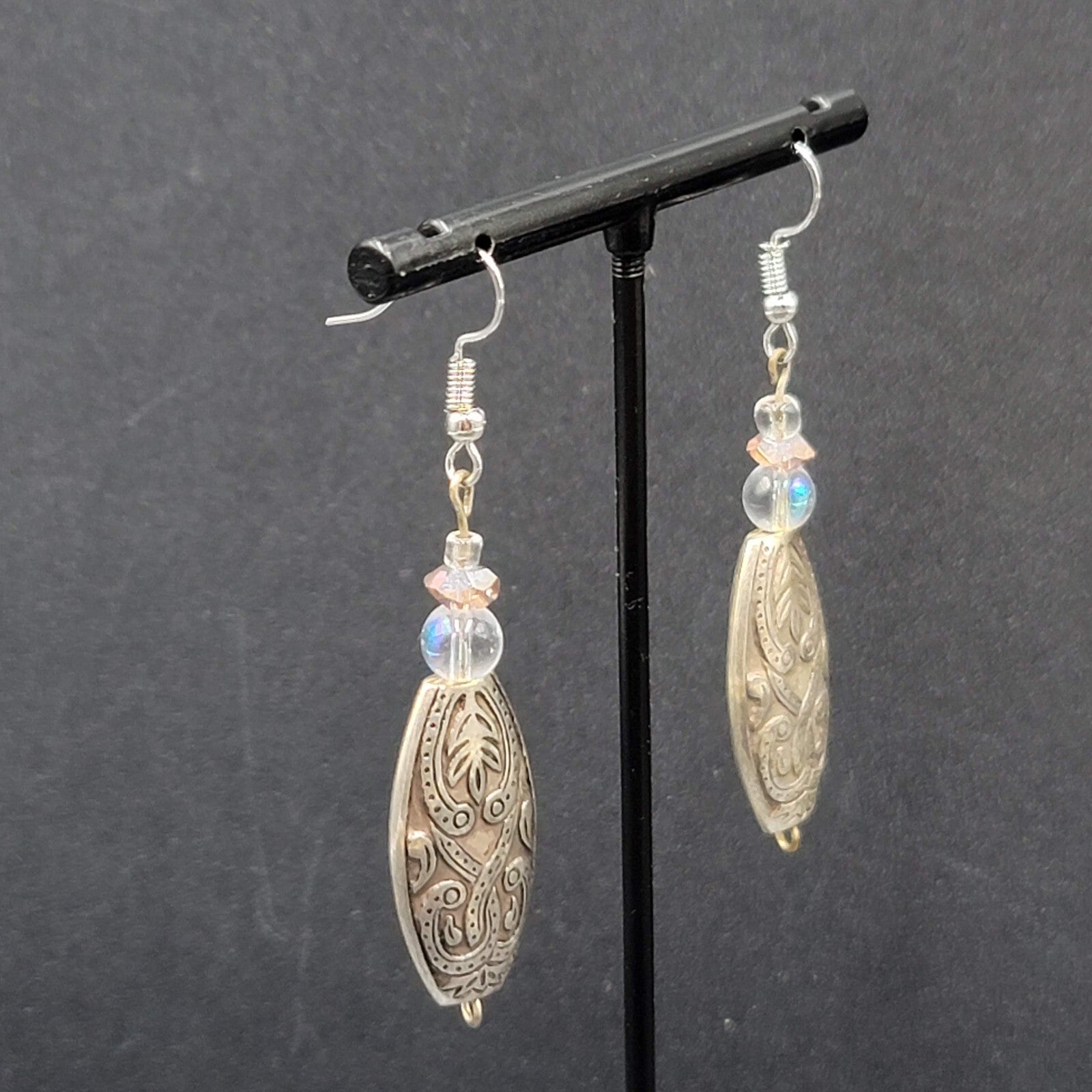 Pierced Earrings Silver tone Clear Purple Beaded Dangle 1.75"