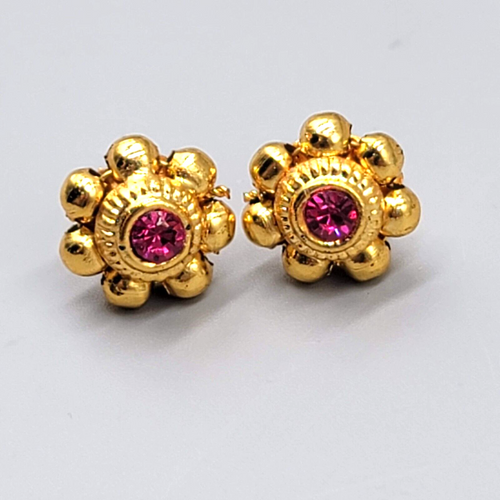 Bollywood Pierced Earrings Gold Plated Hot Pink Stone Studs 1/2"