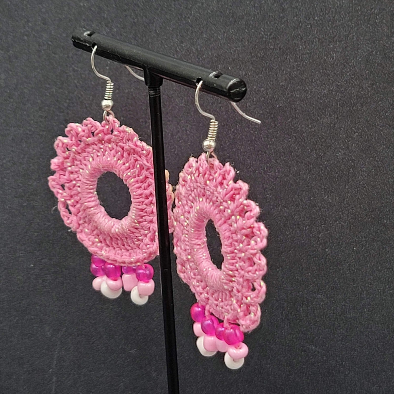 Pierced Earrings Pink Crochet Bead Dangle 1 7/8"