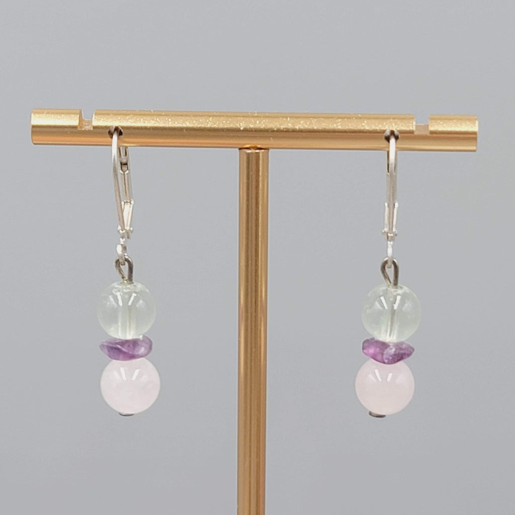 White and Pink Quartz Bead Pierced Earrings Silver tone Dangle Amethyst 7/8"
