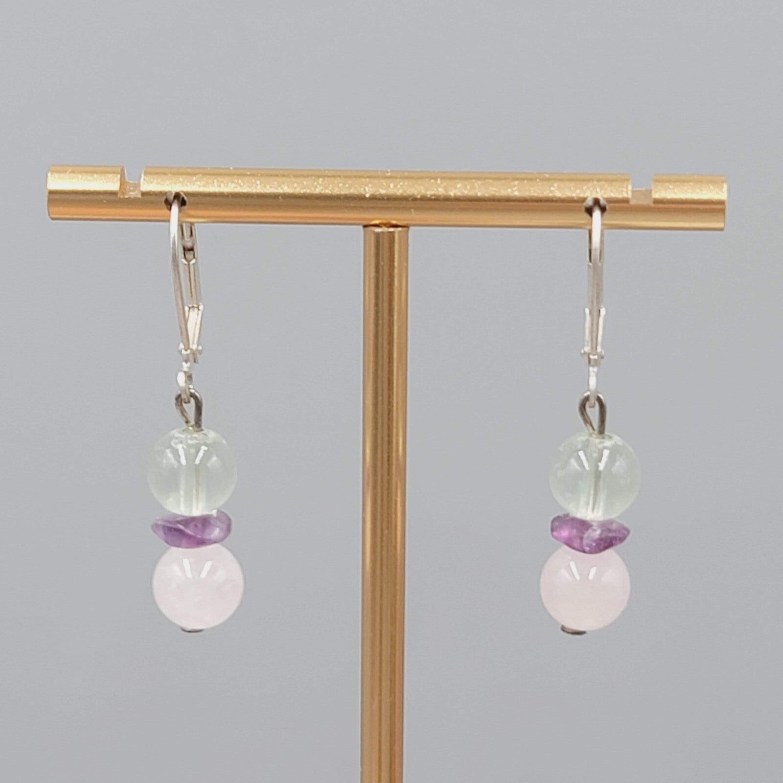 White and Pink Quartz Bead Pierced Earrings Silver tone Dangle Amethyst 7/8"