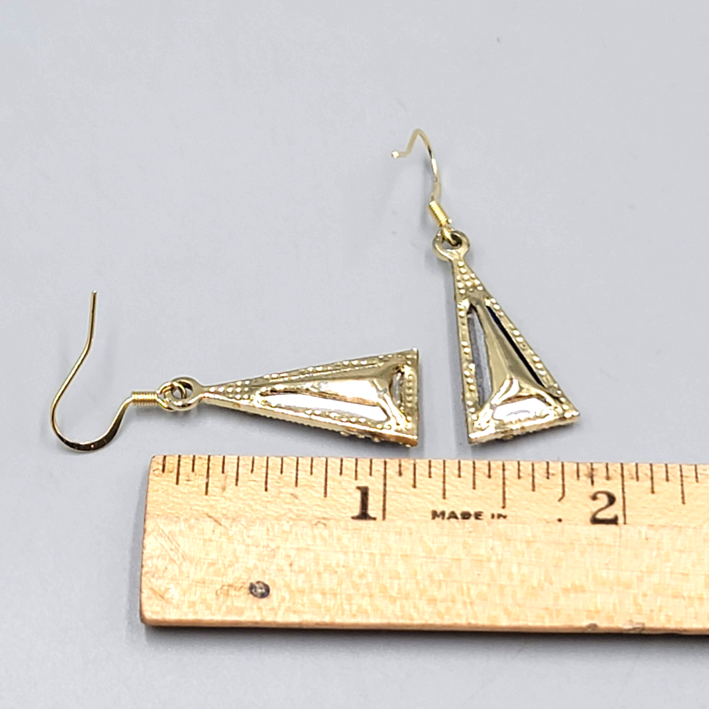 Blue Rhinestone Triangle Pierced Earrings Gold tone Dangle 7/8"