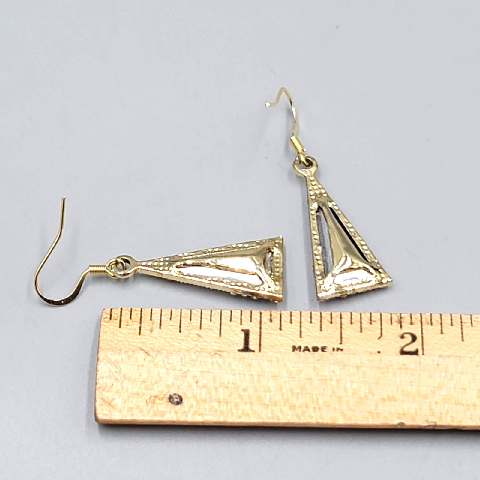 Blue Rhinestone Triangle Pierced Earrings Gold tone Dangle 7/8"