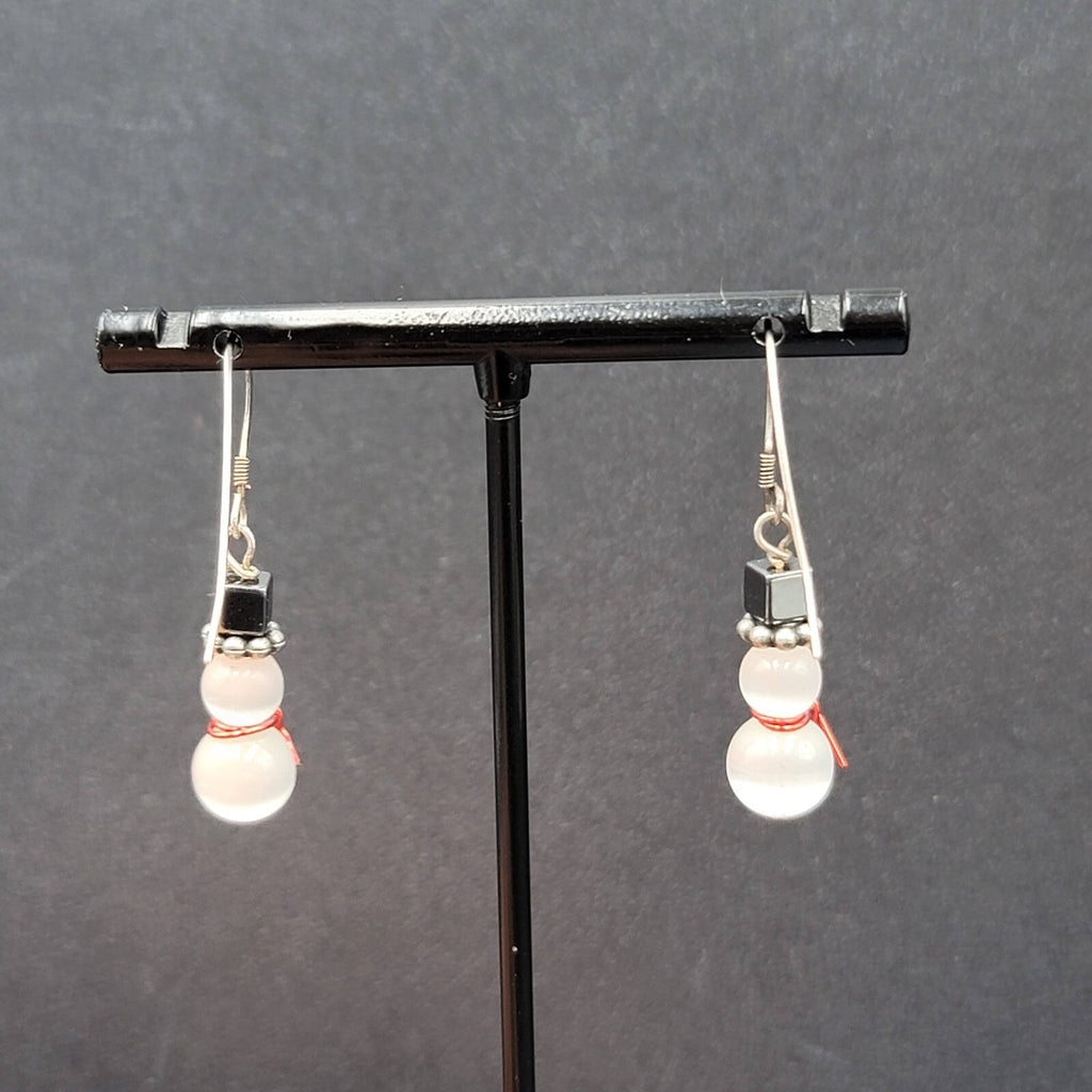 Snowman Pierced Earrings White Cats Eye Beads Hematite Hat Dangle 7/8"