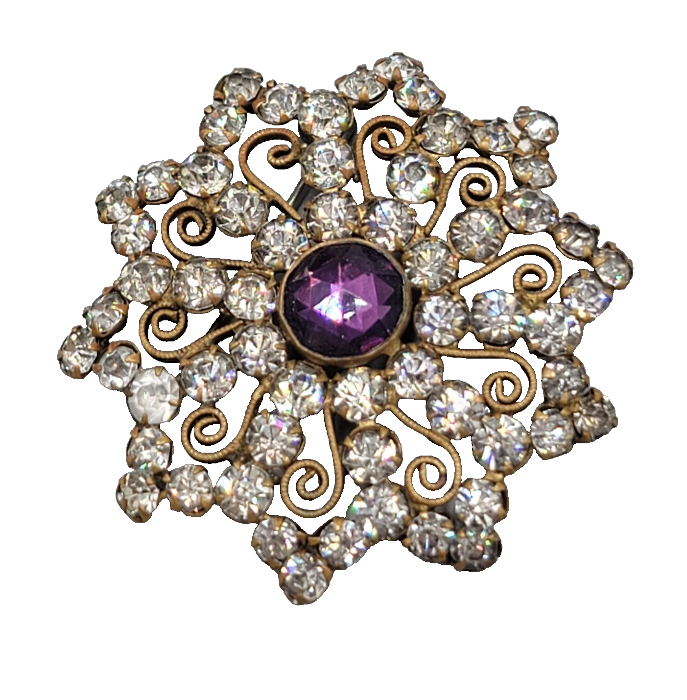 Antique Purple Rhinestone Filigree Brooch Gold tone Flower 2 in