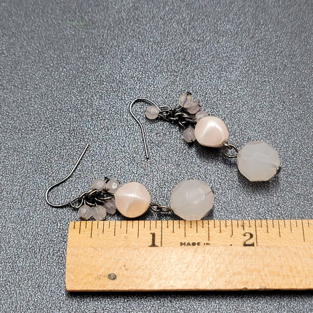 Pierced Earrings Black Metal Pale Pink Beads Dangle 1.5"